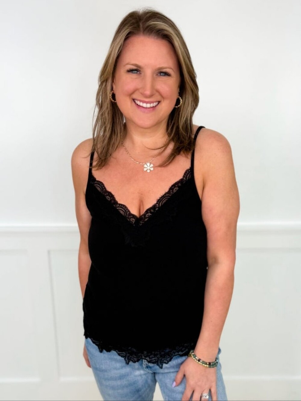 Listicle Black Lace Trim Cami Tank Top